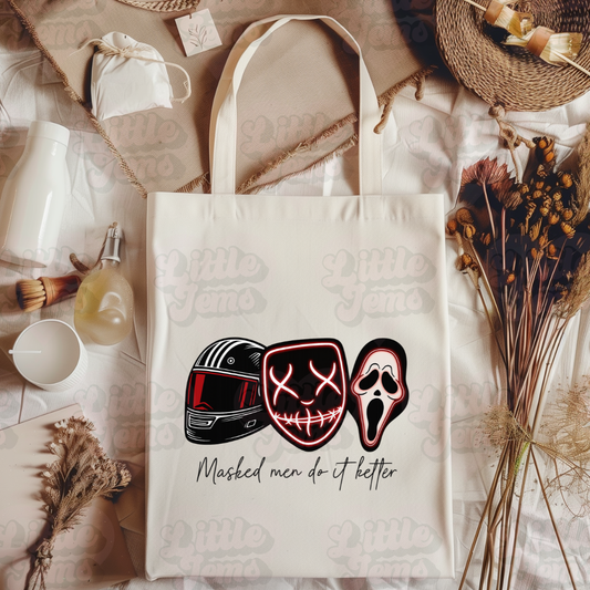 Masked men tote bag